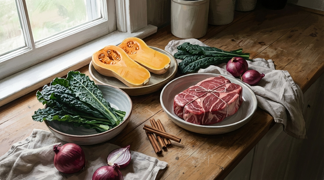 A high-angle shot of a rustic kitchen counter filled with raw winter ingredients: butternut squash, kale, raw beef chuck, cinnamon sticks, and onions, illuminated by natural window light.