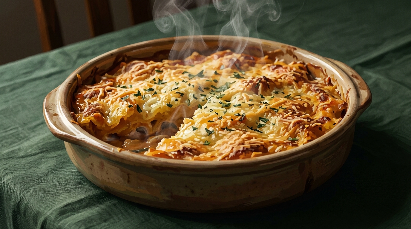 Close-up of a bubbling casserole dish fresh out of the oven, with a golden-brown crust and steam rising, set on a dark green tablecloth.
