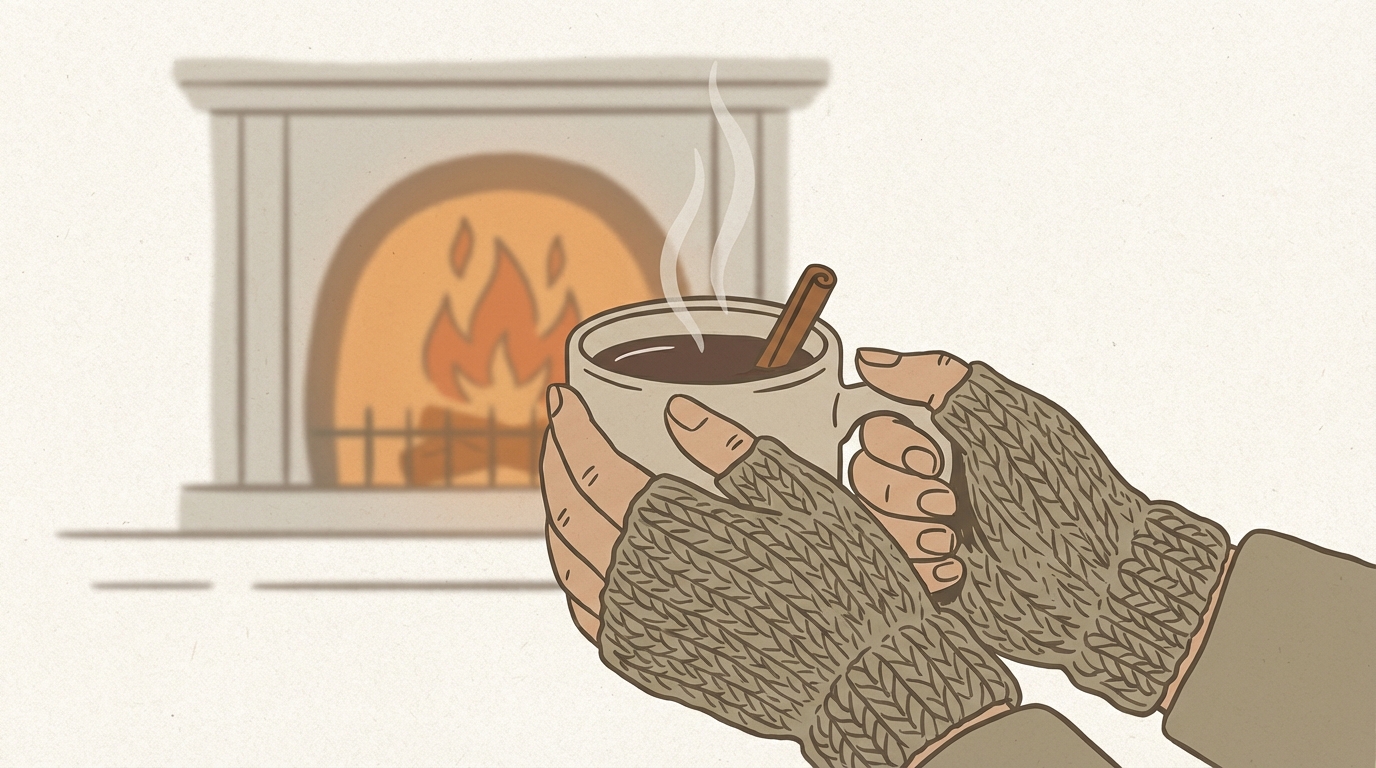 A mug of hot spiced cider held by hands wearing wool fingerless gloves, with a fireplace blurred in the background.