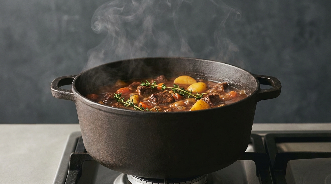 A close-up shot of a cast-iron dutch oven on a stove, filled with bubbling beef stew, chunks of potatoes, and fresh thyme sprigs, with steam rising dramatically against a dark background