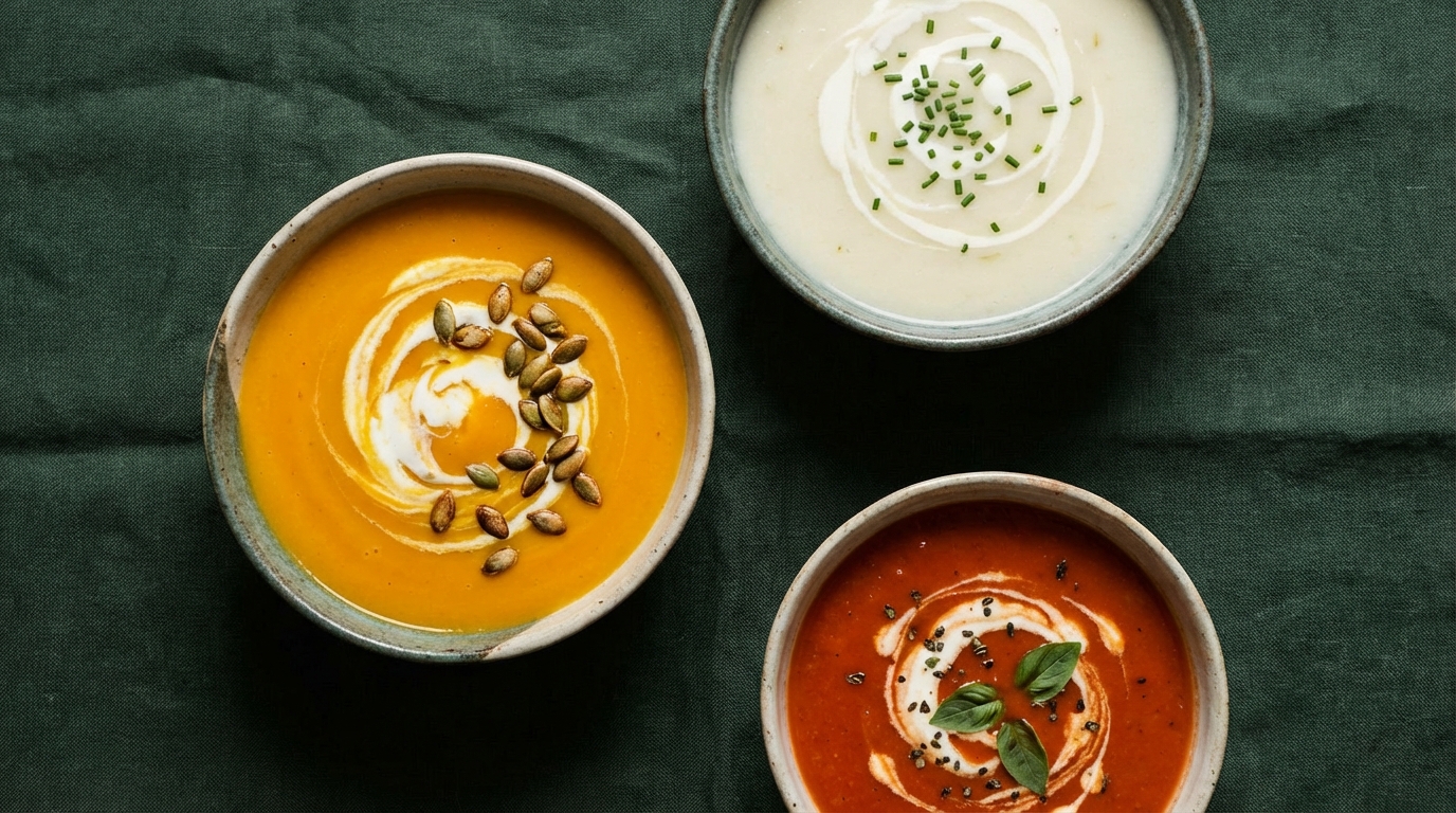 A flat-lay photo of three different bowls of soup arranged on a dark green tablecloth: an orange pumpkin soup, a white potato leek soup, and a red tomato soup, all garnished with seeds and cream swirls