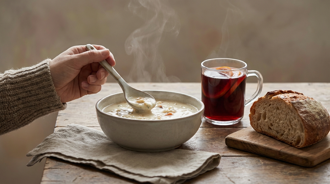 A cozy dining setting showing a hand holding a spoon dipping into a bowl of chowder, with a glass of mulled wine and a slice of crusty bread visible in the frame