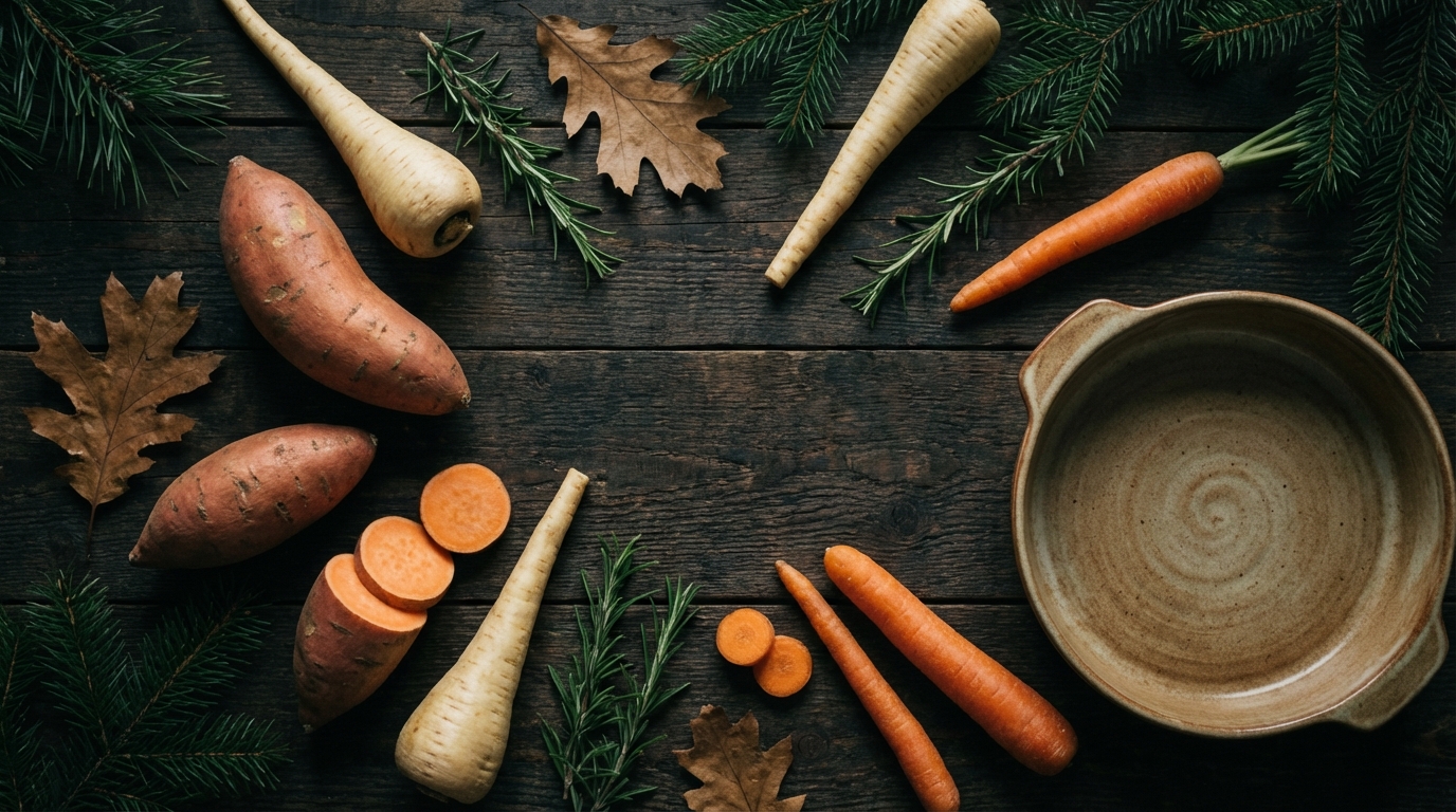 A flat-lay photograph of raw winter ingredients arranged on a dark wooden surface: sweet potatoes, parsnips, carrots, fresh rosemary sprigs, and a ceramic baking dish, styled with moody forest-green lighting.