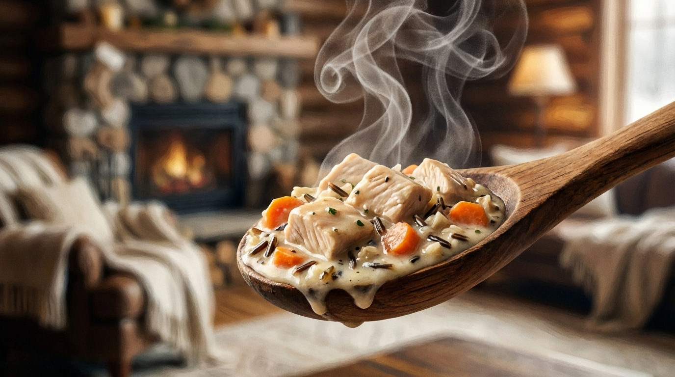 A close-up shot of a spoon lifting a serving of creamy chicken and wild rice casserole, steam rising, showing chunks of tender meat and carrots, with a blurred background of a cozy winter cabin interior.