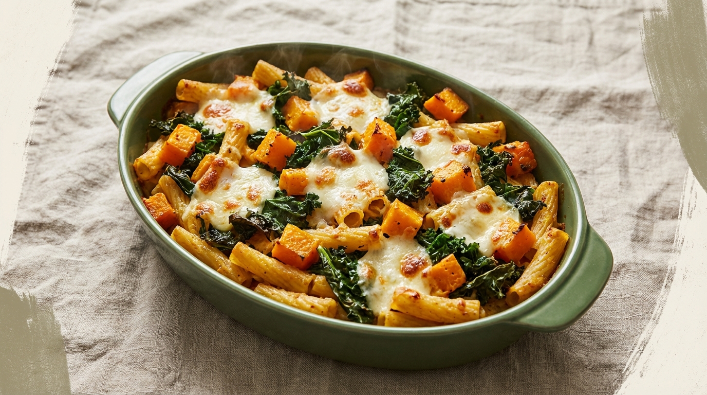 A high-angle shot of a bubbling vegetarian pasta bake with roasted butternut squash, kale, and melted mozzarella in a green ceramic oval dish, placed on a linen tablecloth.