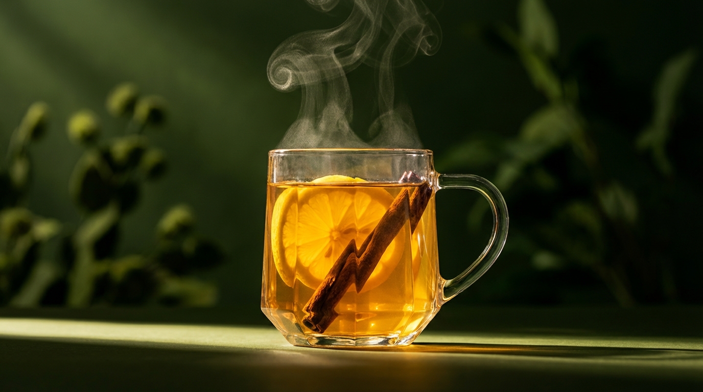 A close-up, high-contrast shot of a crystal glass mug containing a golden Hot Toddy, steam rising in distinct wisps. A lemon wheel and a cinnamon stick are submerged. The lighting is moody, highlighting the amber liquid against a dark, moss-green background.