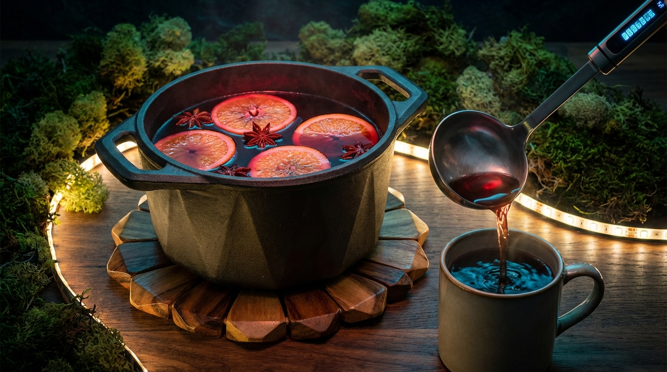A rustic cast-iron pot sitting on a wood trivet, filled with dark red mulled wine. Floating orange slices and star anise are visible on the surface. A ladle is pouring the liquid into a mug. The aesthetic is tech-naturalist, with sharp focus and deep shadows.