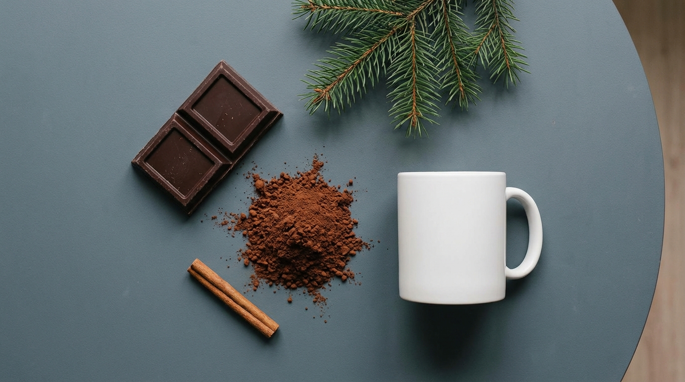 A minimal, flat-lay composition of hot cocoa ingredients: a block of dark chocolate, a pile of cocoa powder, a cinnamon stick, and a white ceramic mug on a slate grey table with a sprig of evergreen pine.
