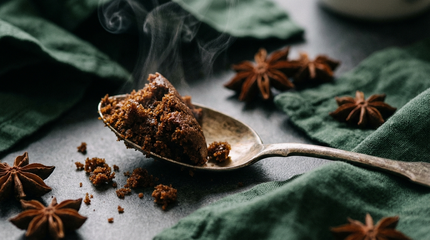A high-angle macro shot of a vintage metal spoon digging into a soft, dark gingerbread cake. Steam is rising. The setting is moody with forest green napkins and scattered star anise.