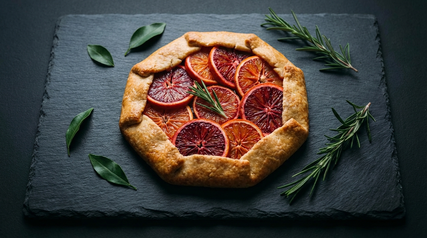 A rustic tart featuring sliced blood oranges and rosemary sprigs on a dark slate background. The lighting highlights the vibrant red and orange tones of the fruit against the forest green theme.