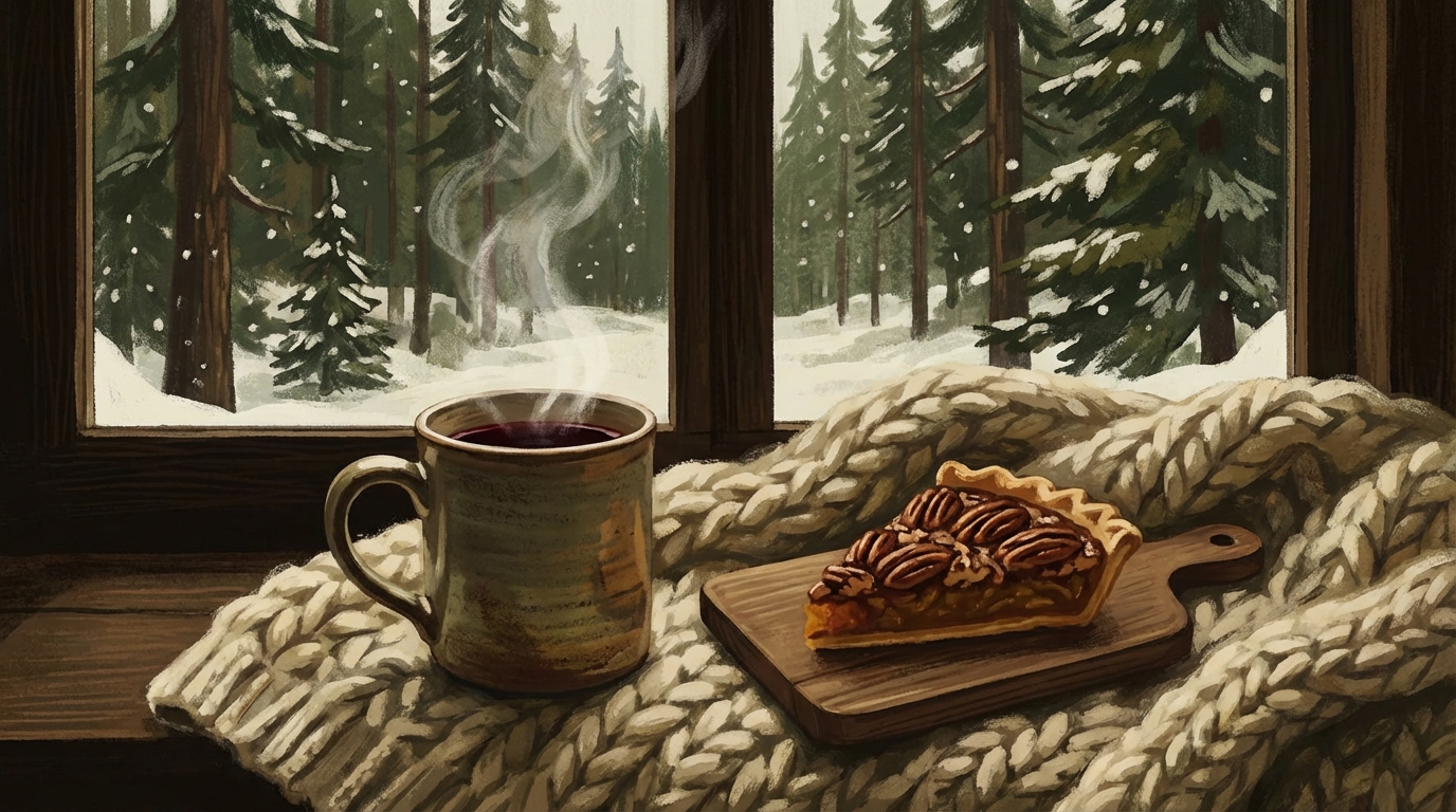 A cozy setup showing a slice of pecan pie next to a steaming ceramic mug of mulled wine. Through a window in the background, a snowy forest scene is visible. The color palette emphasizes deep browns and forest greens.